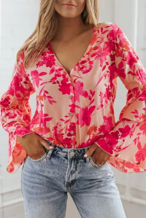 Pink Floral Double Bell Long Sleeve Buttoned Bodysuit