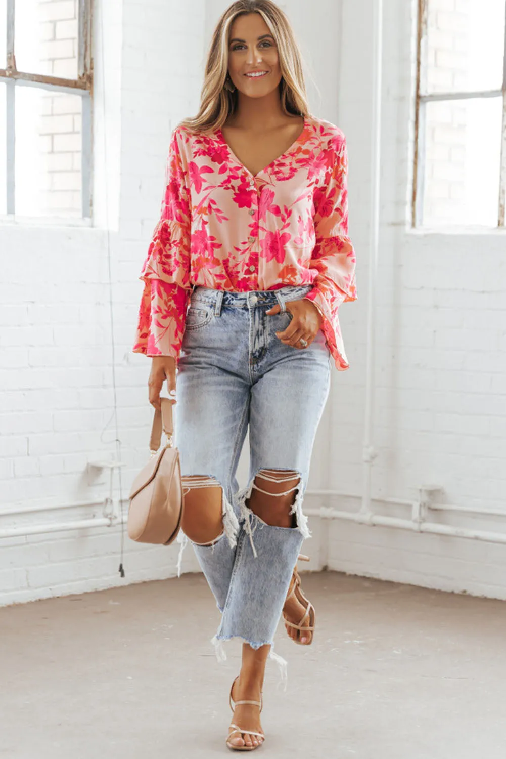 Pink Floral Double Bell Long Sleeve Buttoned Bodysuit
