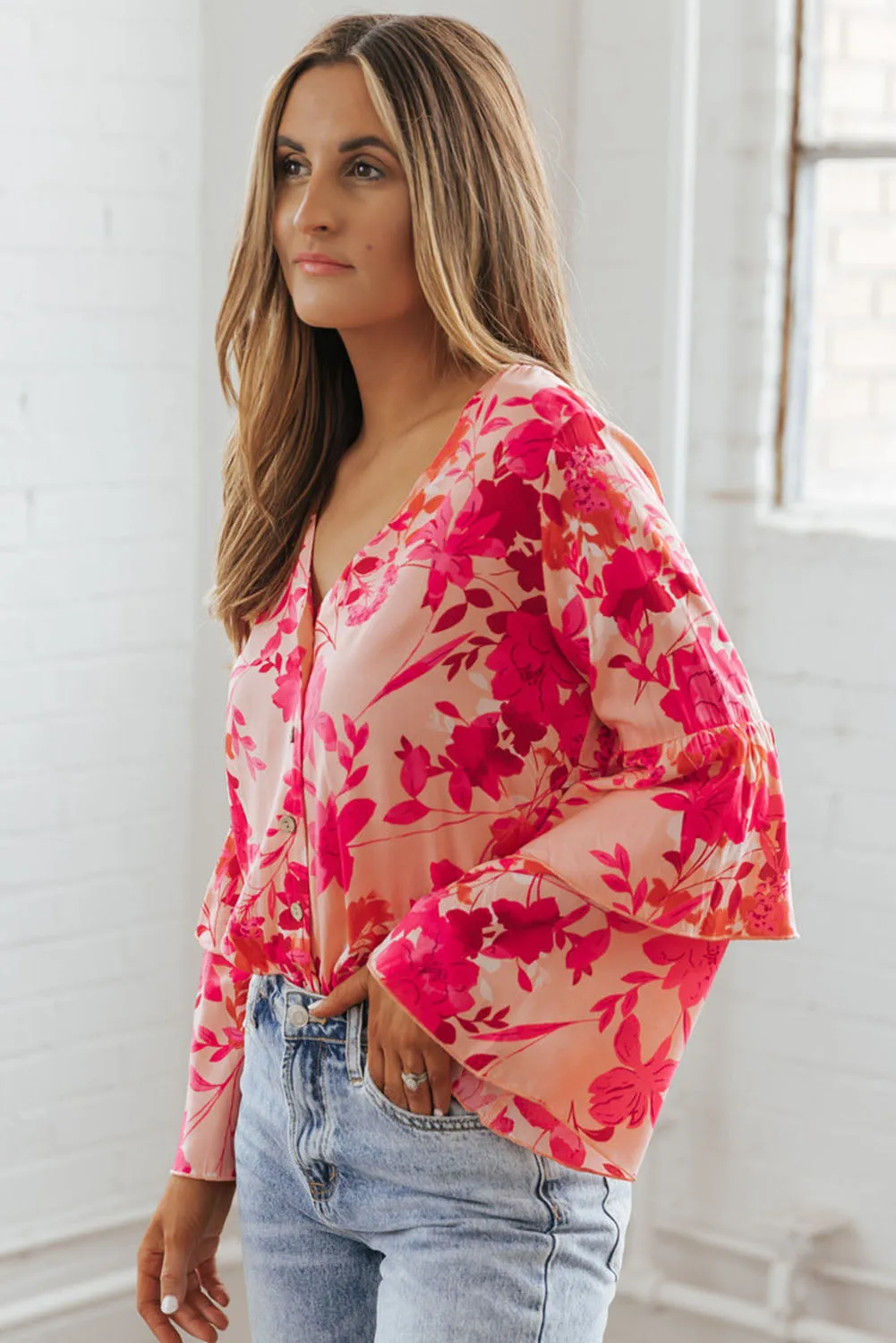 Pink Floral Double Bell Long Sleeve Buttoned Bodysuit