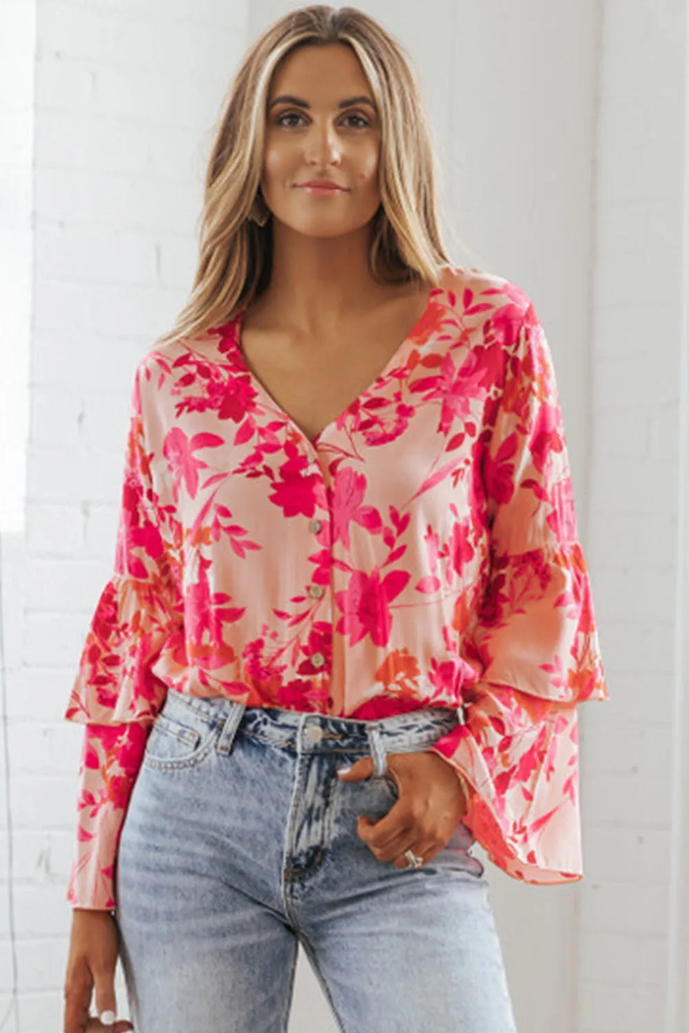 Pink Floral Double Bell Long Sleeve Buttoned Bodysuit