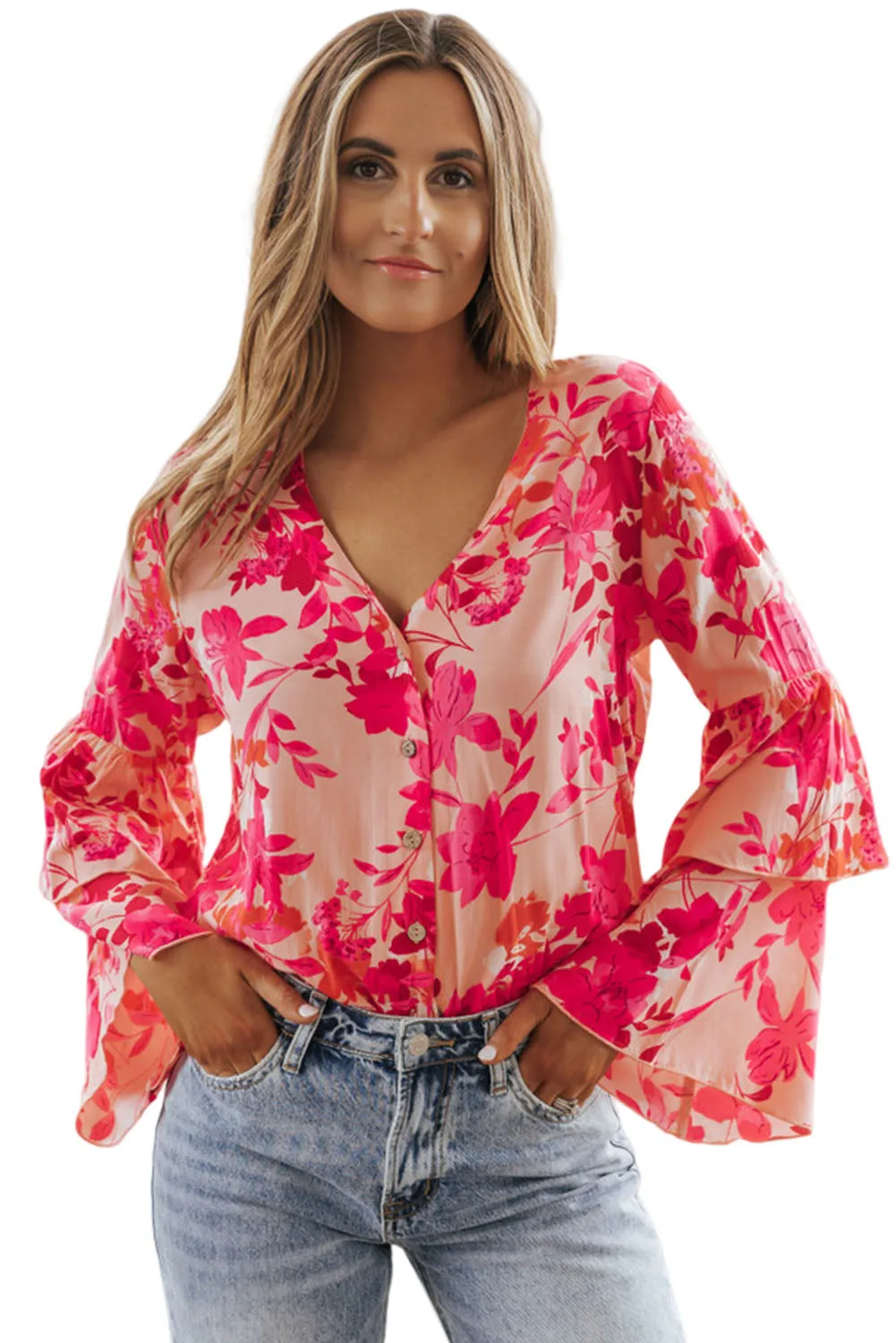 Pink Floral Double Bell Long Sleeve Buttoned Bodysuit