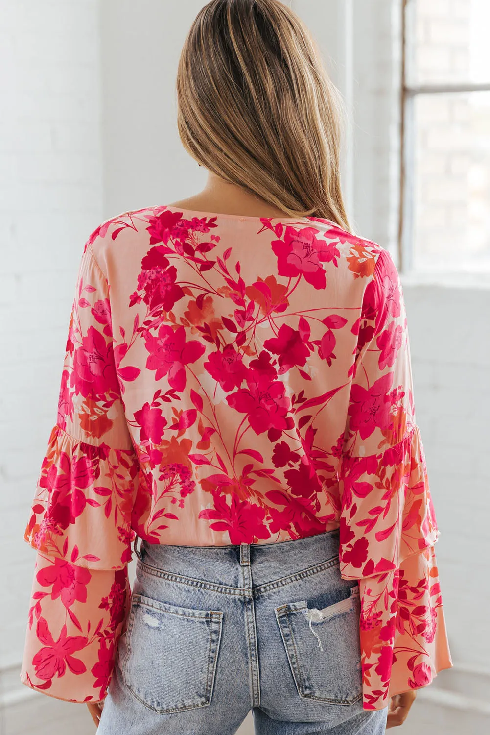 Pink Floral Double Bell Long Sleeve Buttoned Bodysuit