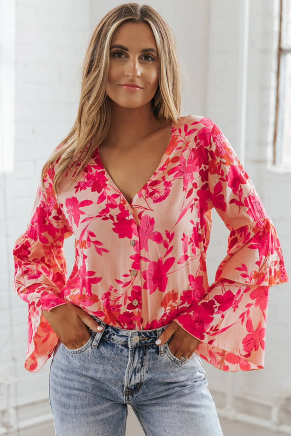 Pink Floral Double Bell Long Sleeve Buttoned Bodysuit