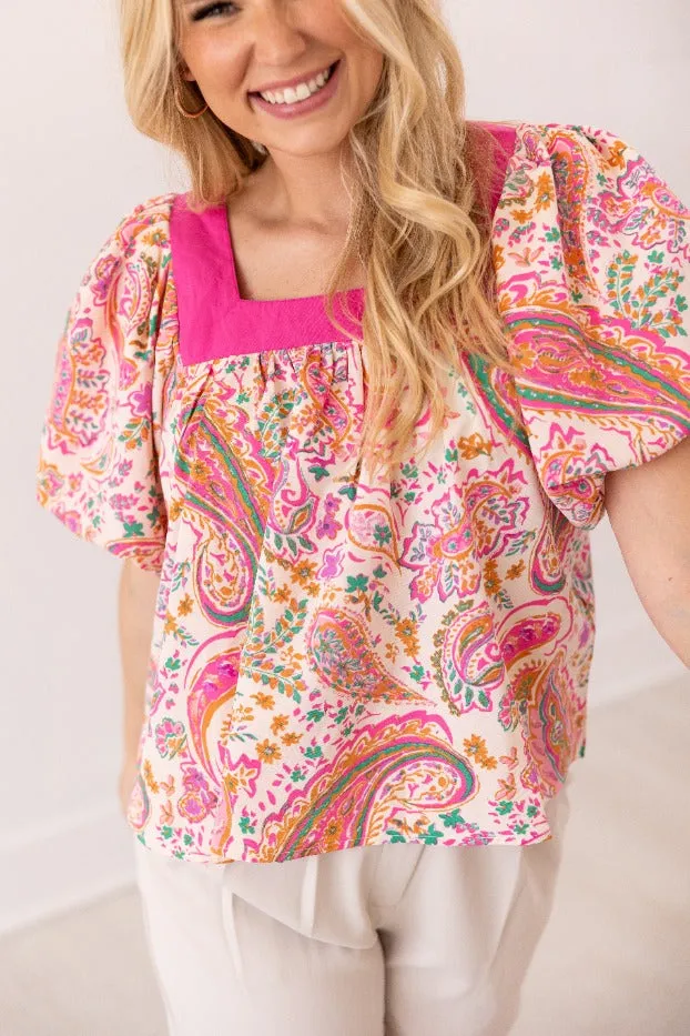 Pink Paisley Puff Sleeve Blouse