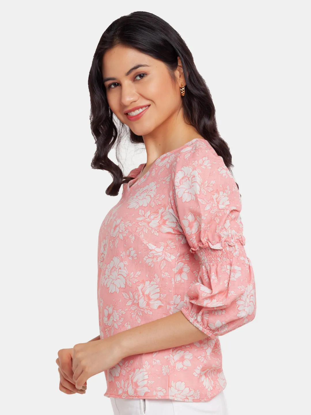 Pink Printed Puff Sleeve Top