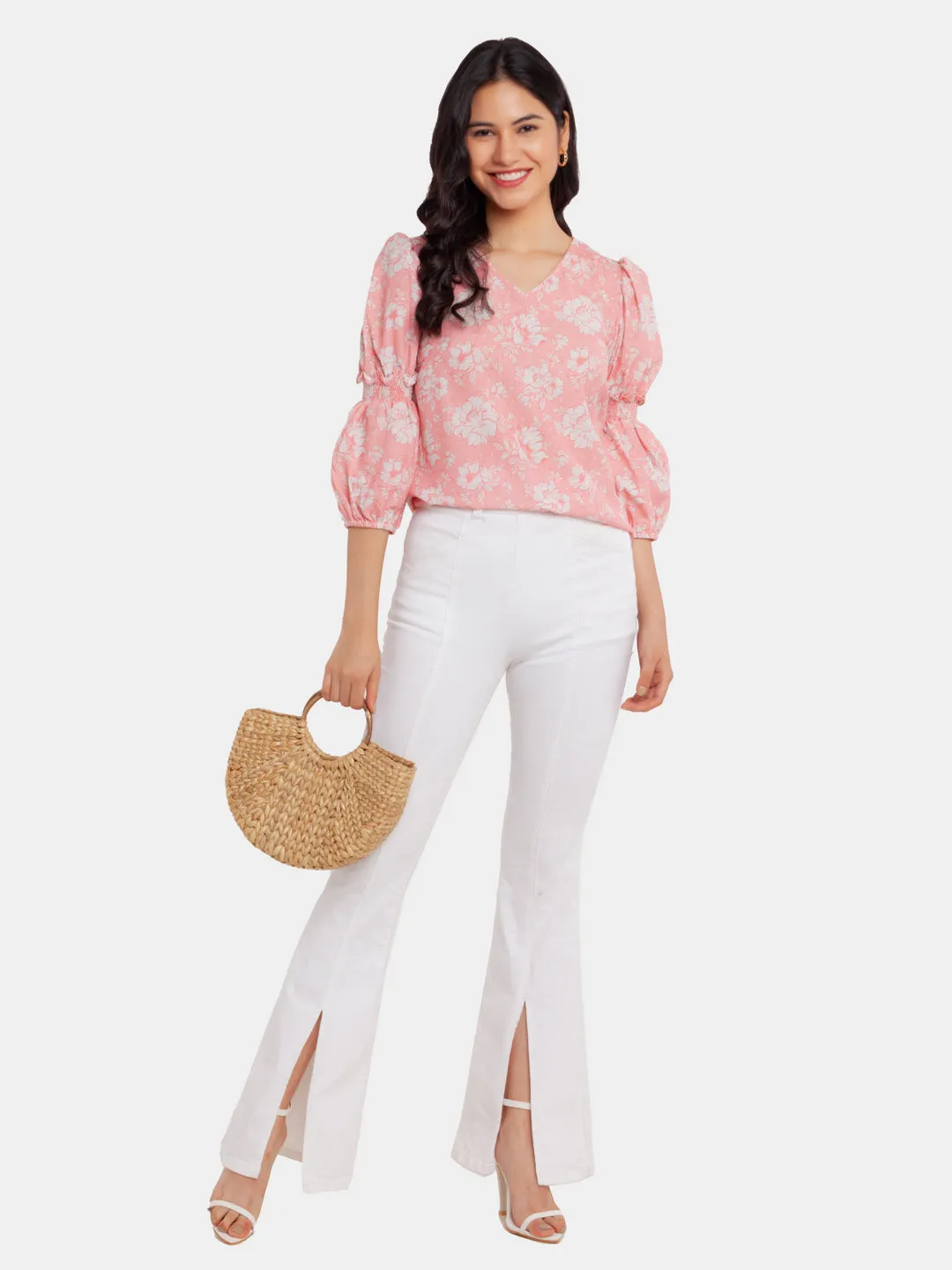 Pink Printed Puff Sleeve Top
