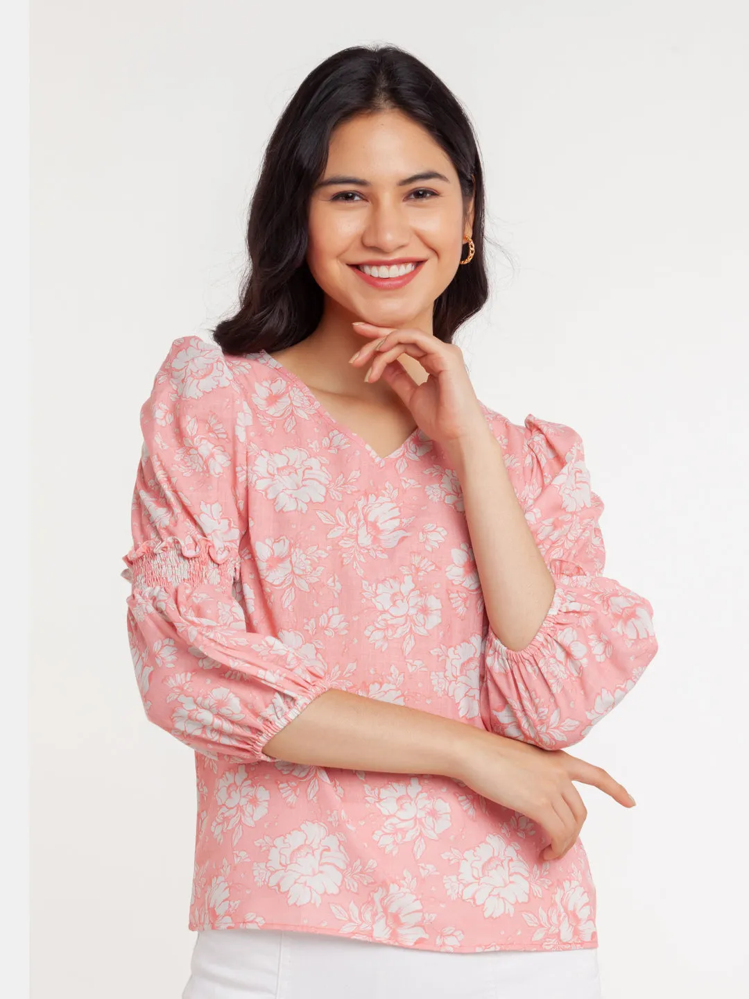 Pink Printed Puff Sleeve Top