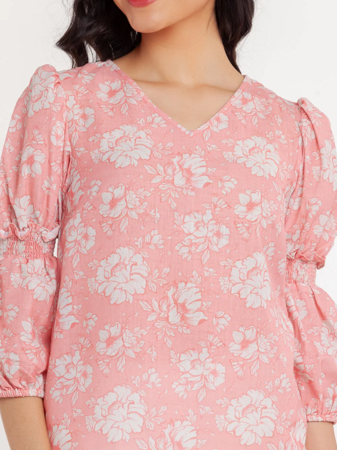 Pink Printed Puff Sleeve Top
