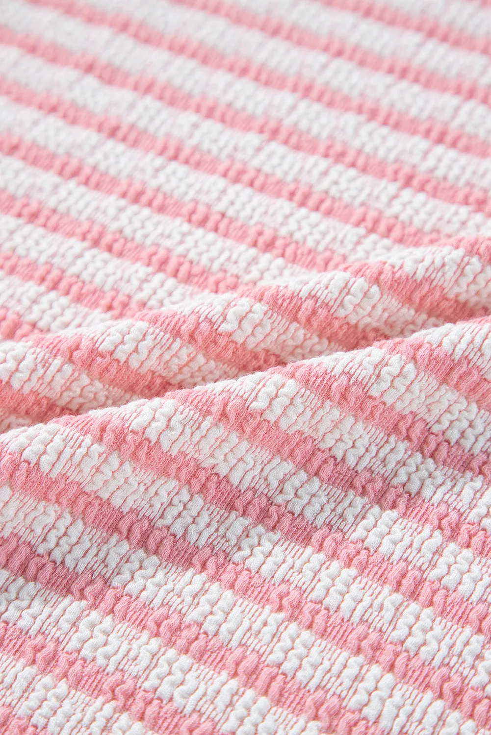 Pink Stripe Textured Puff Sleeve Crewneck Top