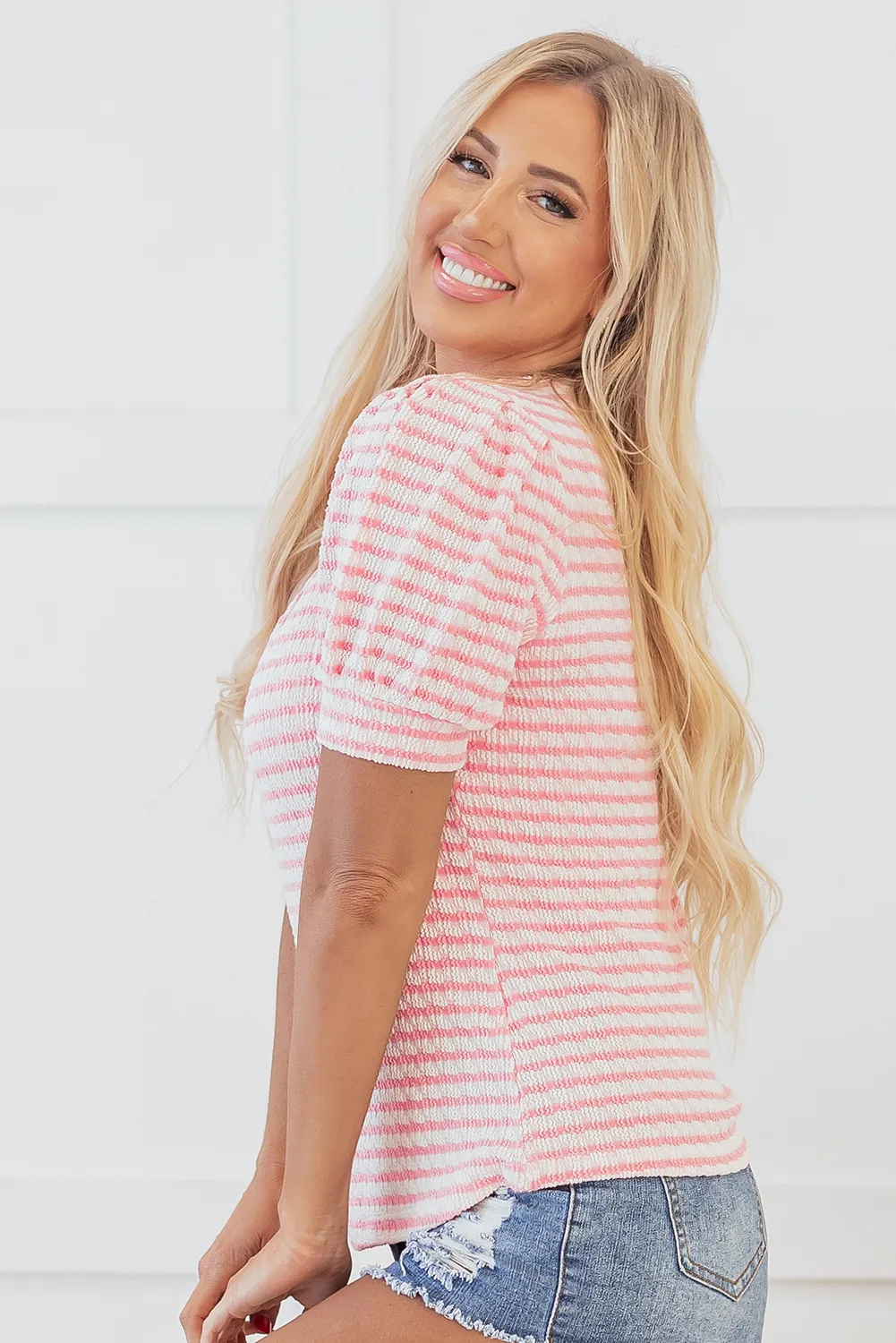Pink Stripe Textured Puff Sleeve Crewneck Top