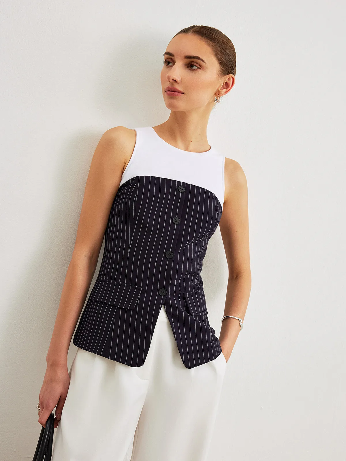 Pinstripe Button Detail Top With Decor Pockets