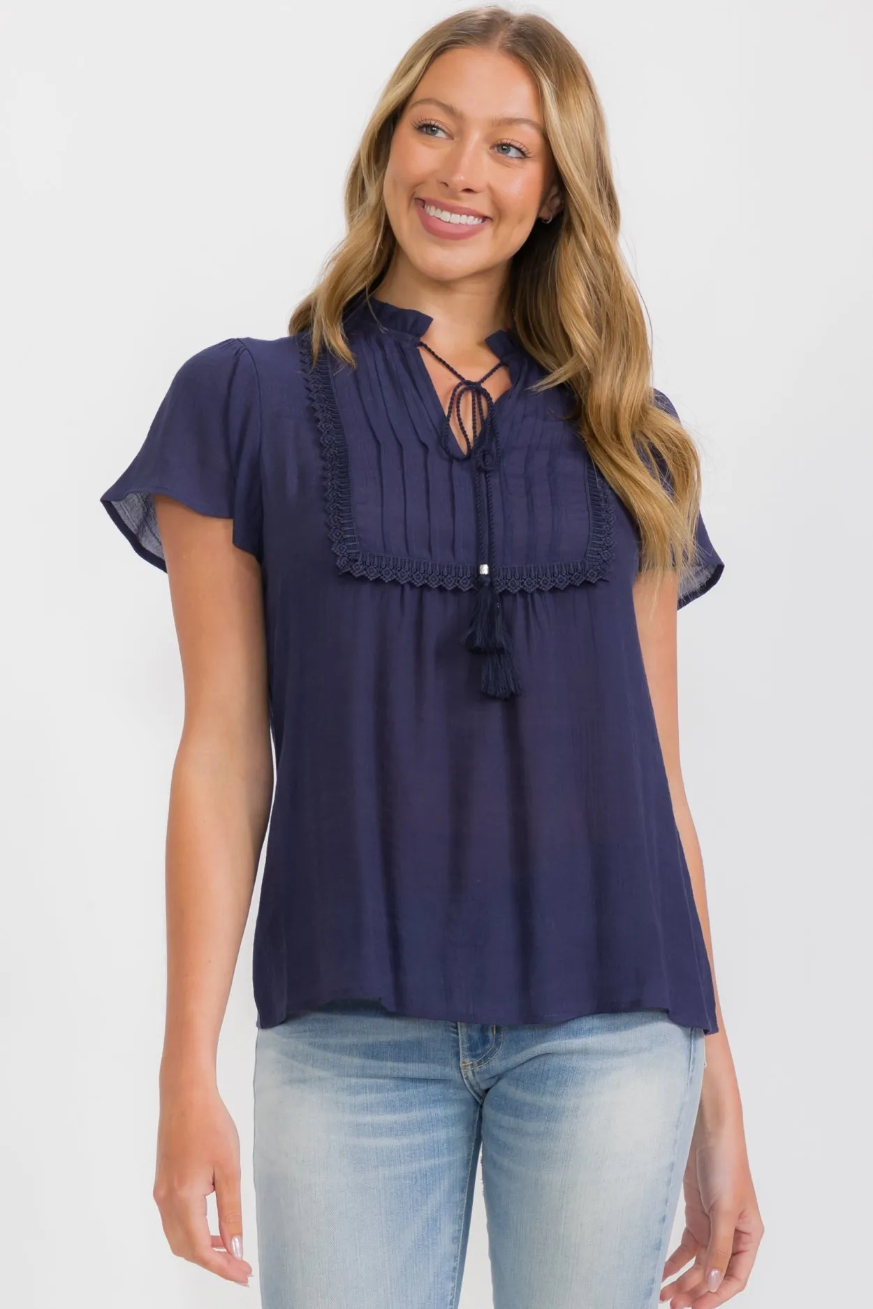 PINTUCK BIB RUFFLE NECK BLOUSE