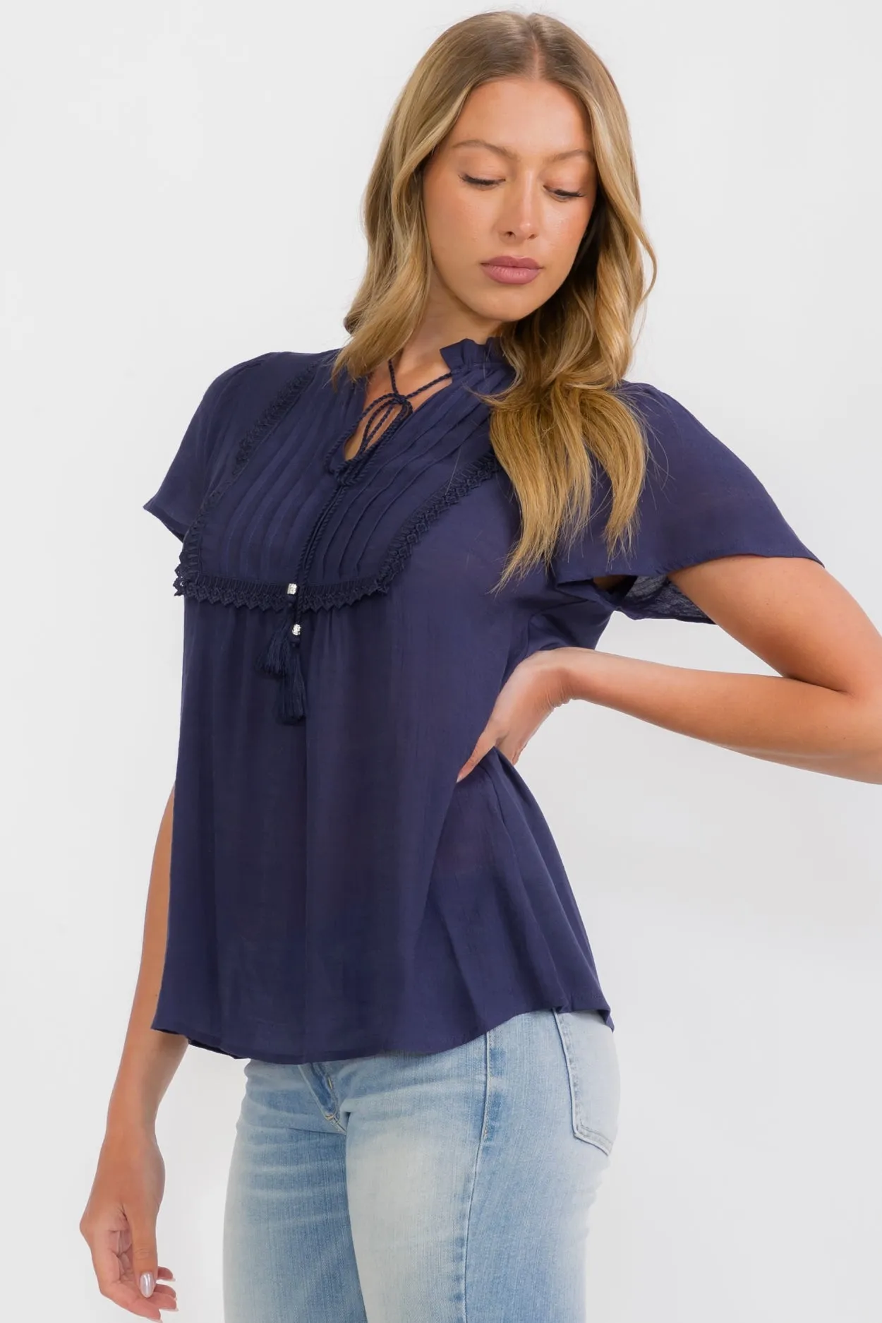 PINTUCK BIB RUFFLE NECK BLOUSE