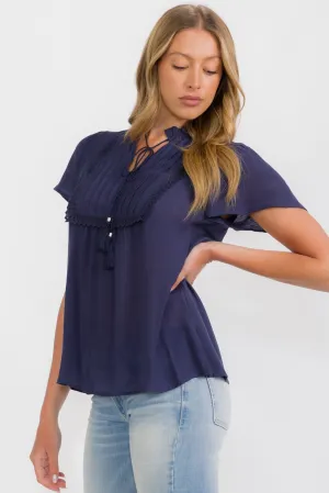 PINTUCK BIB RUFFLE NECK BLOUSE