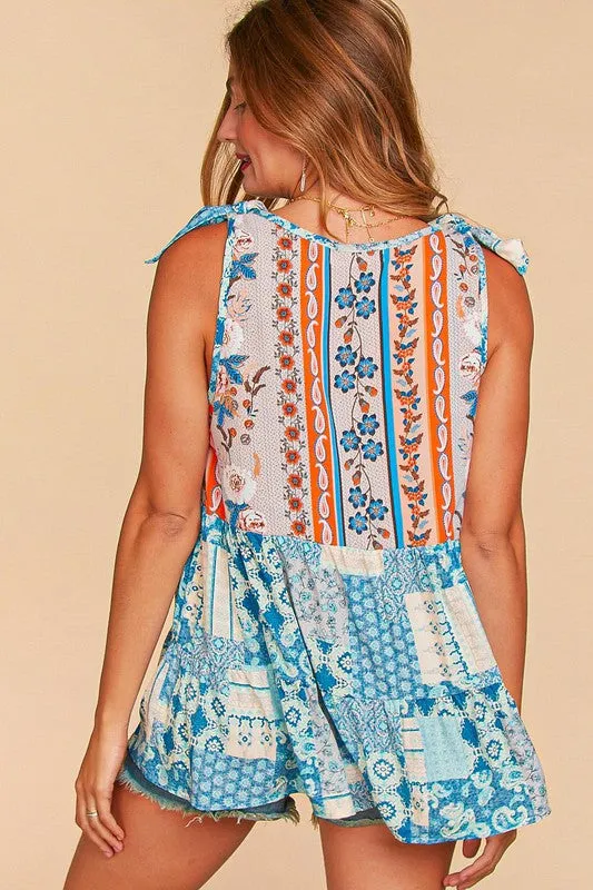 PLUS ETHNIC PATCHWORK TIE SHOULDER BABYDOLL