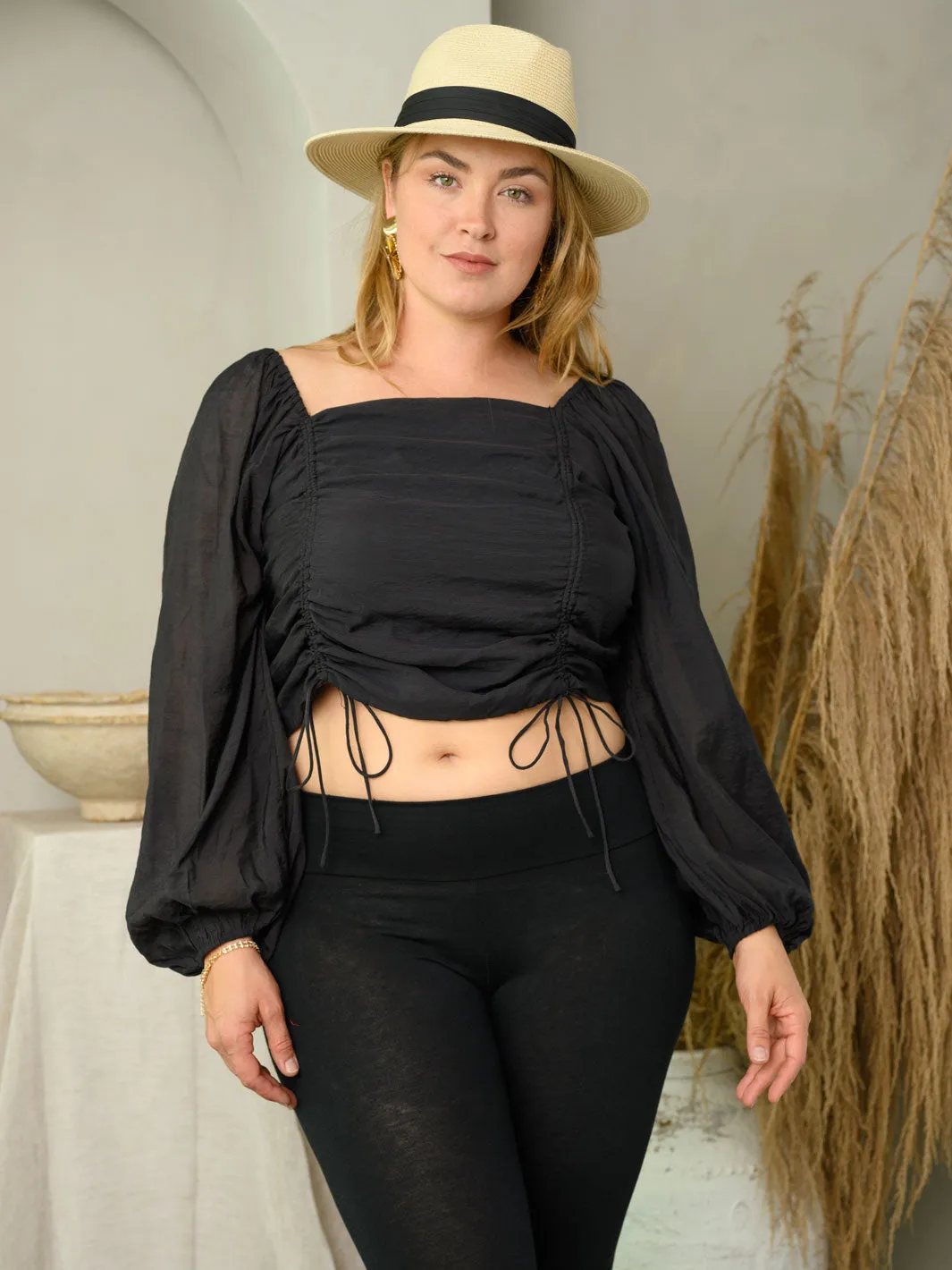 PLUS SIZE LONG PUFF SLEEVE RUCHED CROP TOP
