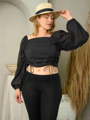 PLUS SIZE LONG PUFF SLEEVE RUCHED CROP TOP