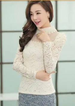 Plus size M-XXL Blouse fashion Women's Stand Pearl Collar Lace Crochet Blouses Shirts Long Sleeve Sexy Tops For Women