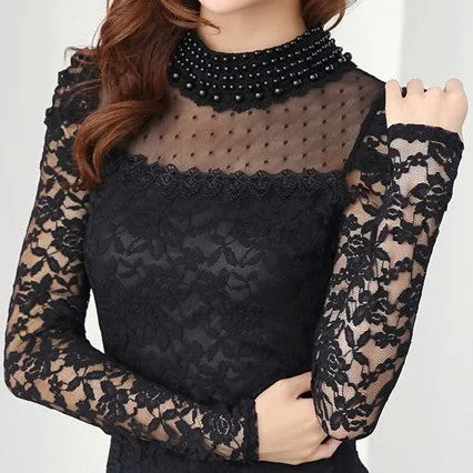 Plus size M-XXL Blouse fashion Women's Stand Pearl Collar Lace Crochet Blouses Shirts Long Sleeve Sexy Tops For Women