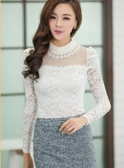 Plus size M-XXL Blouse fashion Women's Stand Pearl Collar Lace Crochet Blouses Shirts Long Sleeve Sexy Tops For Women