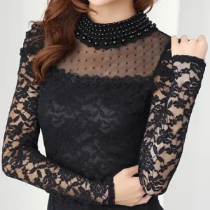 Plus size M-XXL Blouse fashion Women's Stand Pearl Collar Lace Crochet Blouses Shirts Long Sleeve Sexy Tops For Women
