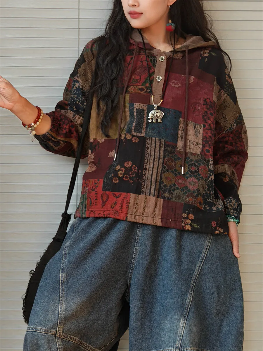 Plus Size Women Autumn Cotton Patchwork Hooded Sweatshirt