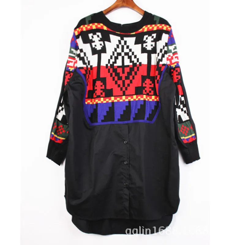 Plus Size women blouses knitted patchwork shirt geometrical pattern loose o-neck shirt fashion top 8751L