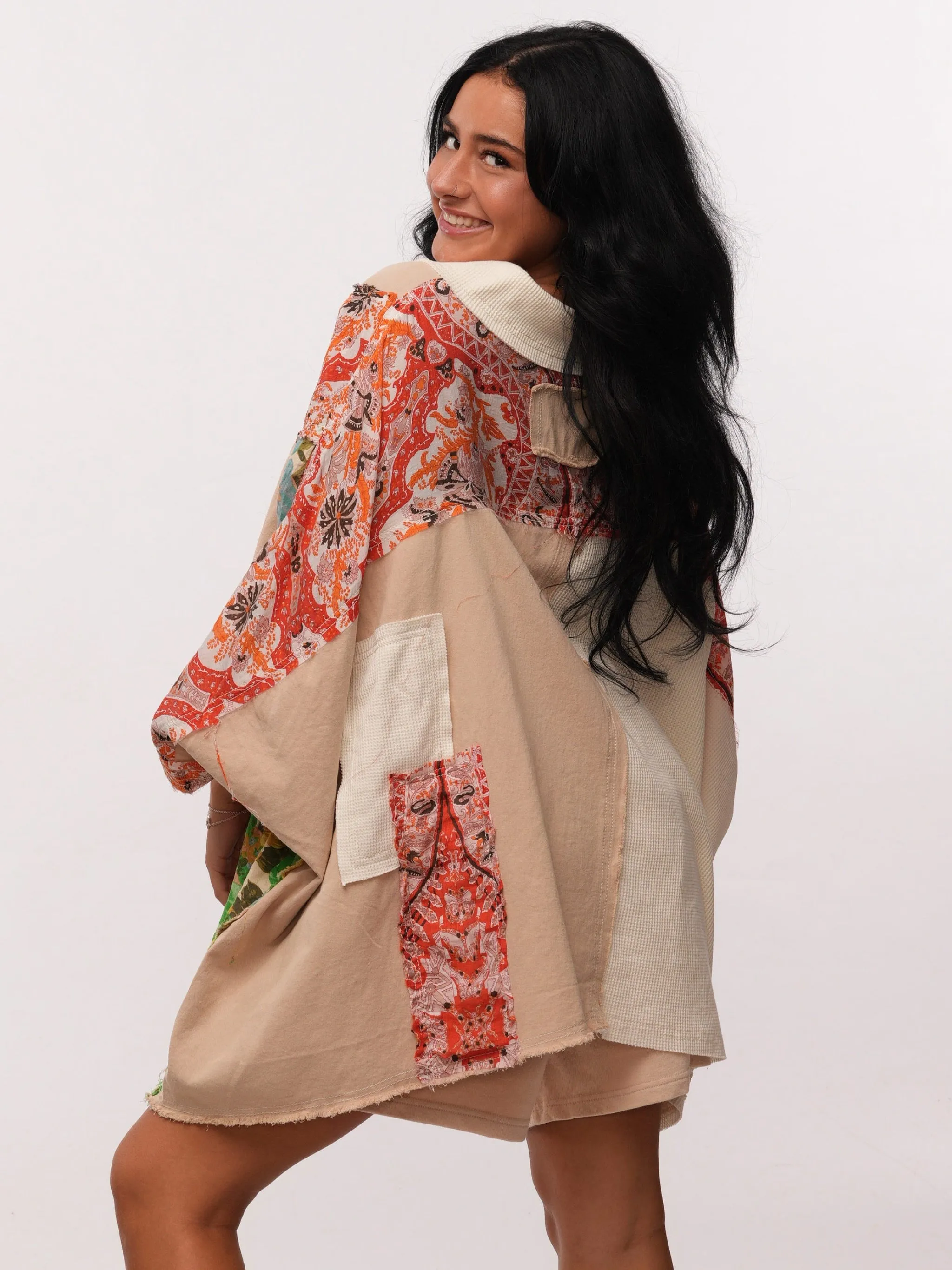 POL 3/4 Sleeve Oversized Patchwork Top