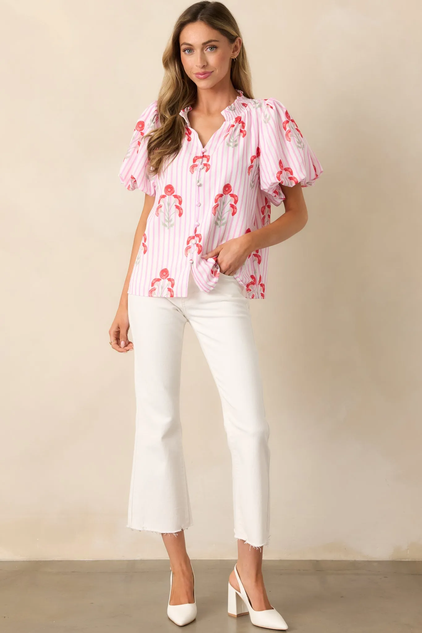 Poppy Fields Pink Button Front Puff Sleeve Top