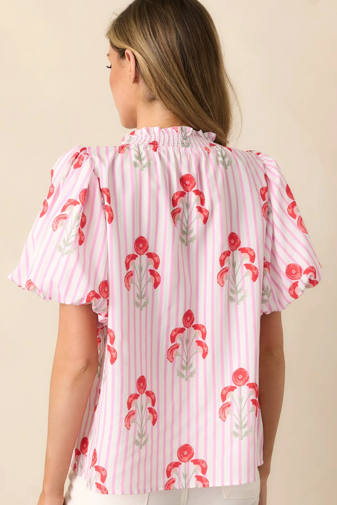 Poppy Fields Pink Button Front Puff Sleeve Top