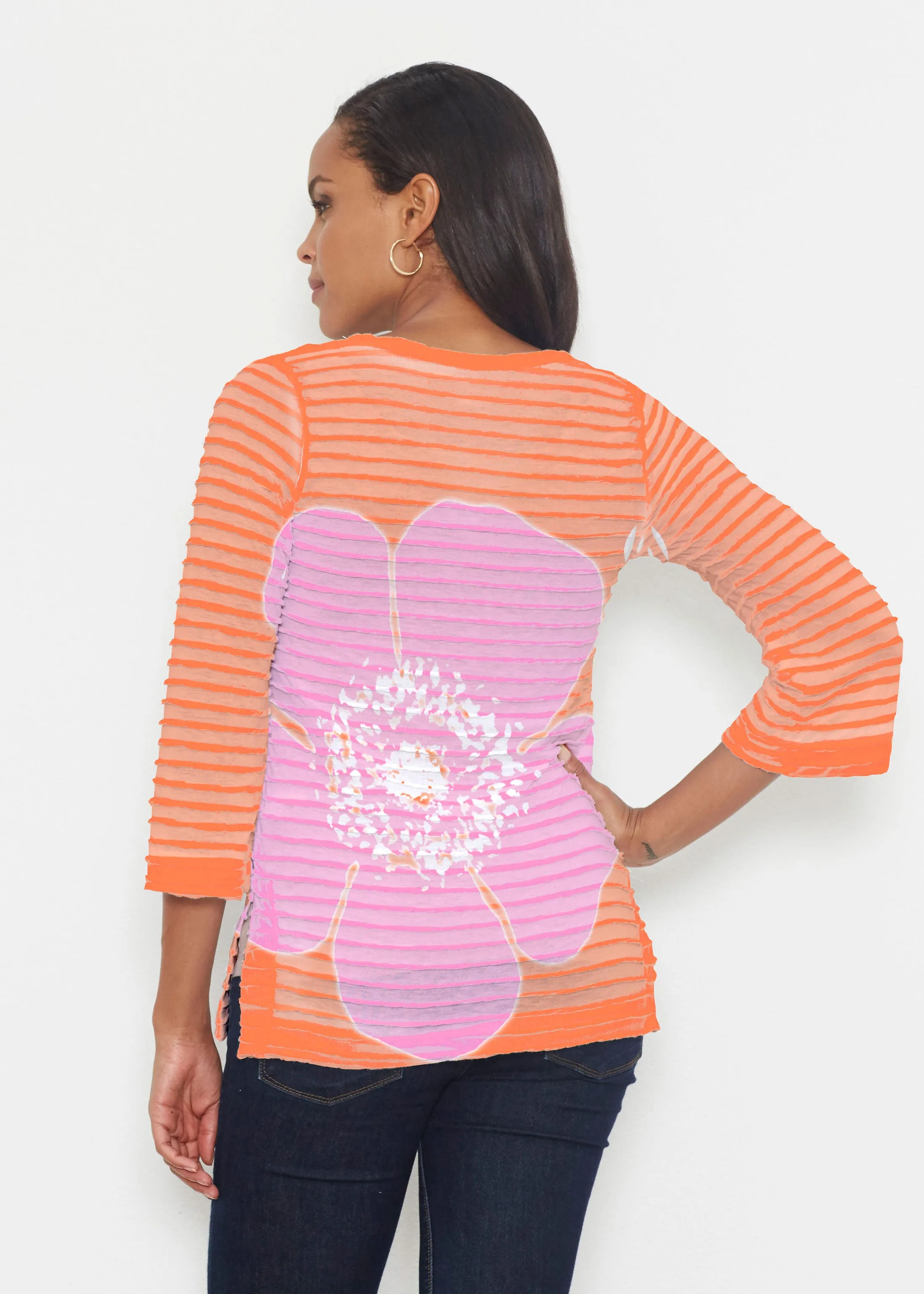 Poppy Orange-Pink (7108) ~ Banded 3/4 Bell-Sleeve V-Neck Tunic