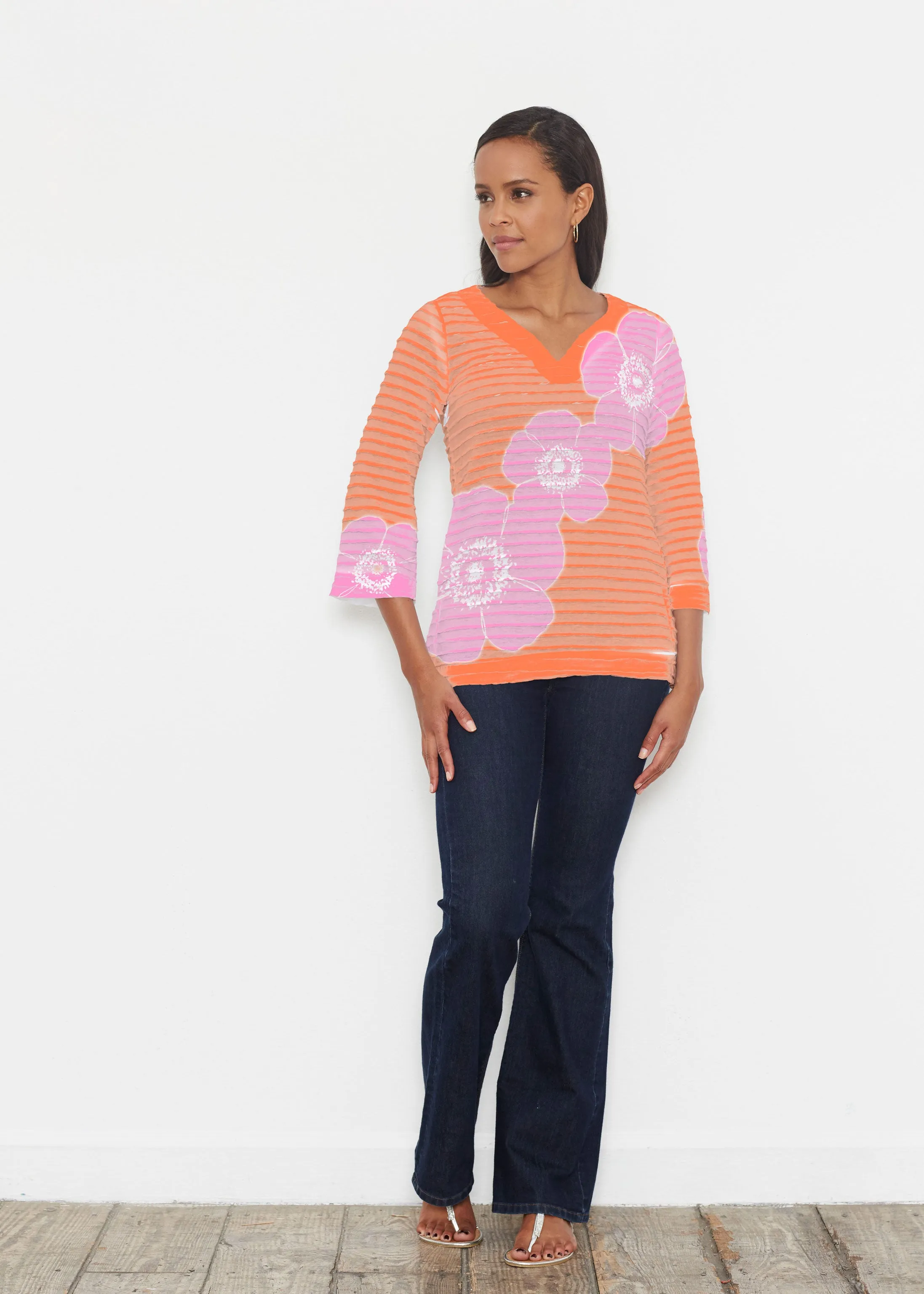 Poppy Orange-Pink (7108) ~ Banded 3/4 Bell-Sleeve V-Neck Tunic