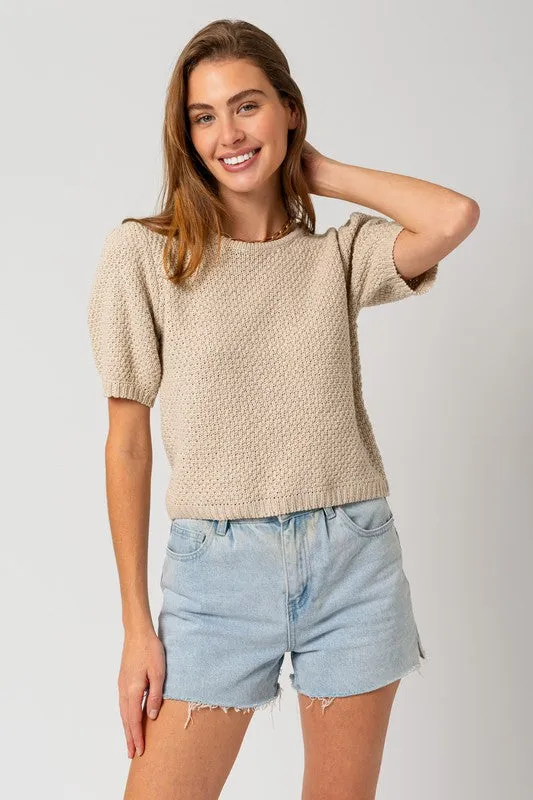 Puff Sleeve Round Neck Texture Sweater Top, Gilli