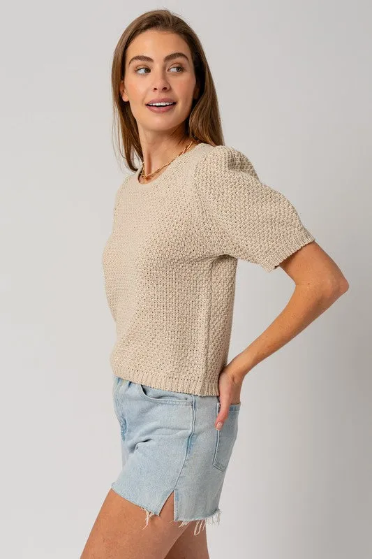 Puff Sleeve Round Neck Texture Sweater Top, Gilli
