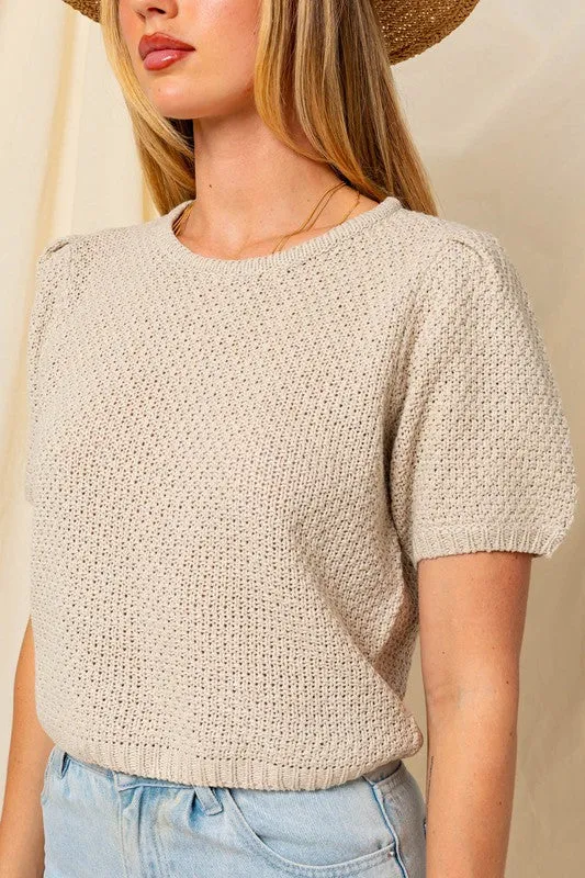 Puff Sleeve Round Neck Texture Sweater Top, Gilli