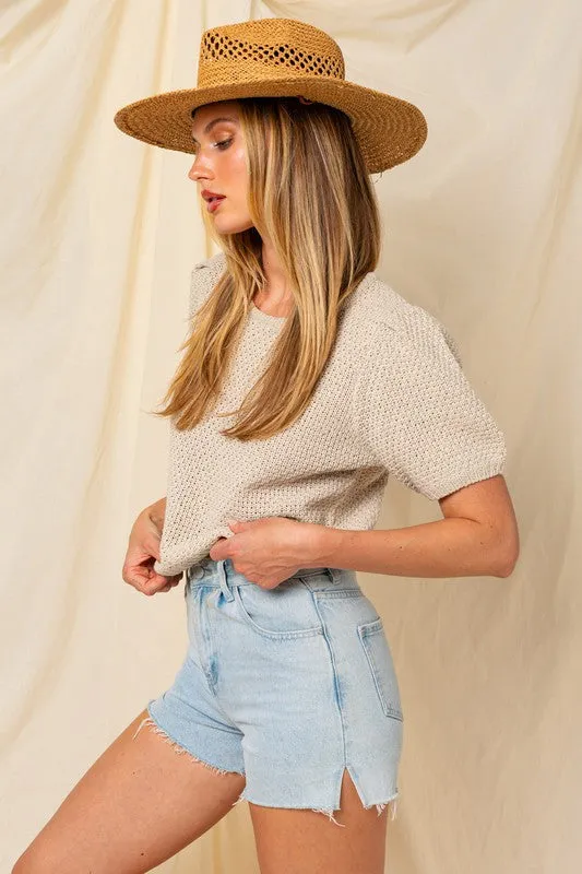 Puff Sleeve Round Neck Texture Sweater Top, Gilli
