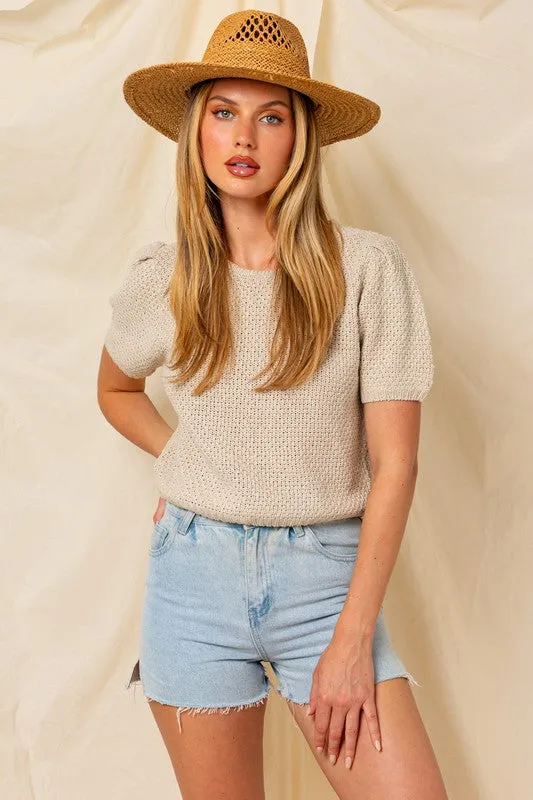 Puff Sleeve Round Neck Texture Sweater Top, Gilli