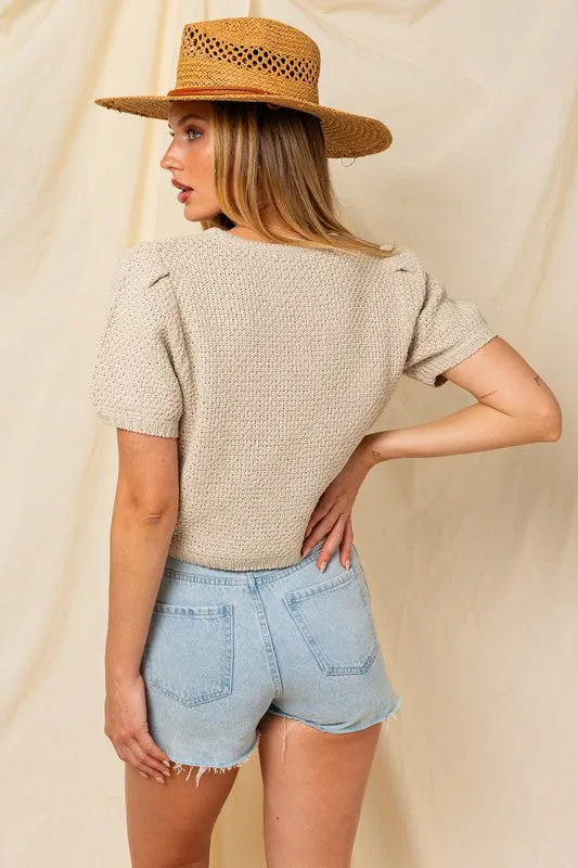 Puff Sleeve Round Neck Texture Sweater Top, Gilli