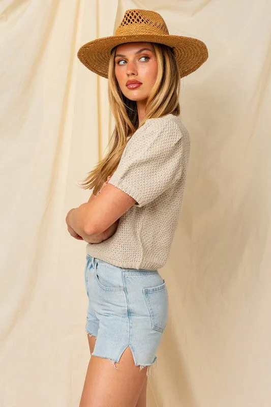 Puff Sleeve Round Neck Texture Sweater Top, Gilli
