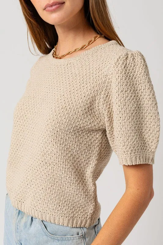 Puff Sleeve Round Neck Texture Sweater Top, Gilli