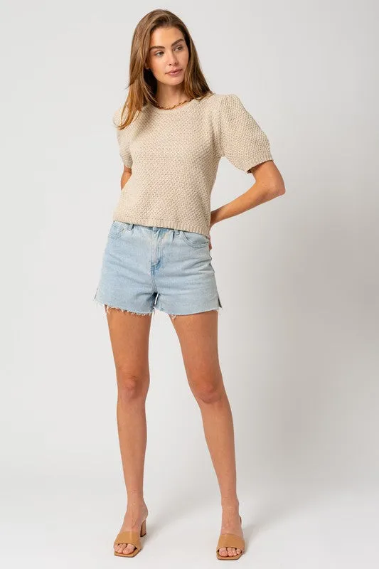 Puff Sleeve Round Neck Texture Sweater Top, Gilli