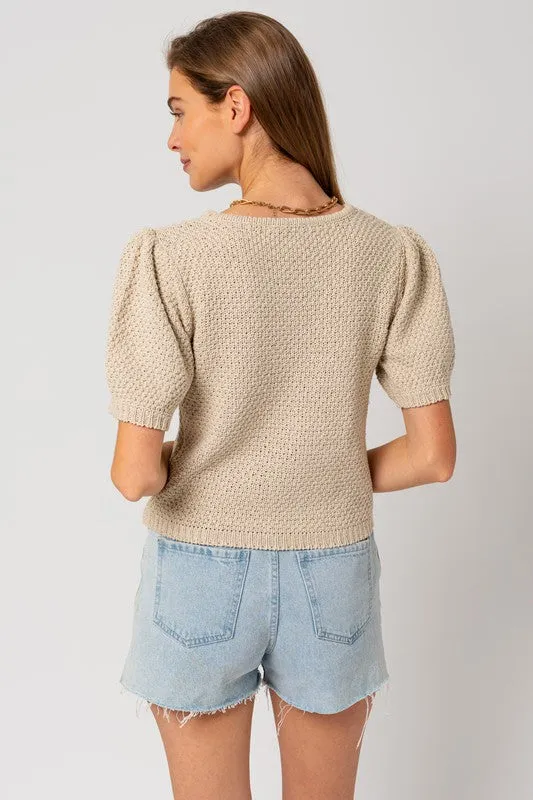 Puff Sleeve Round Neck Texture Sweater Top, Gilli