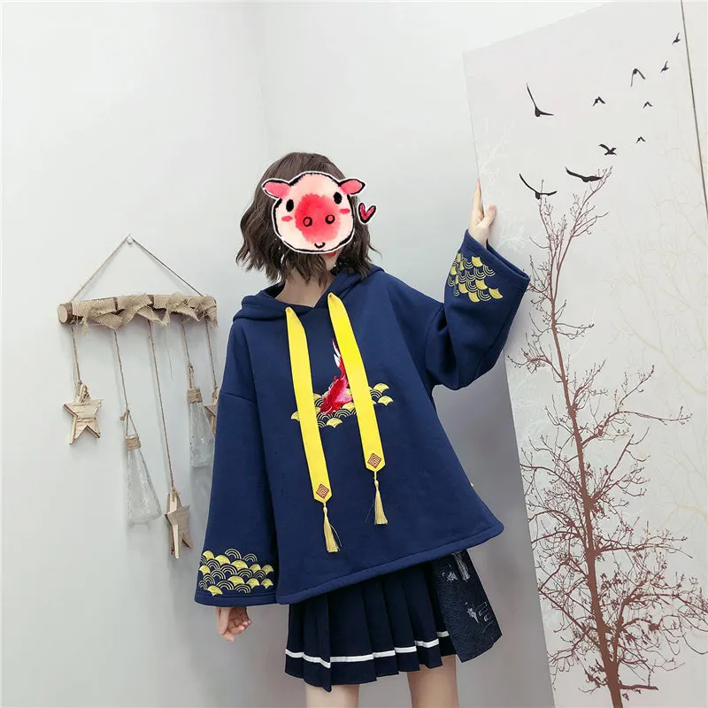 "CARP EMBROIDERED TASSEL" HOODIE N110602