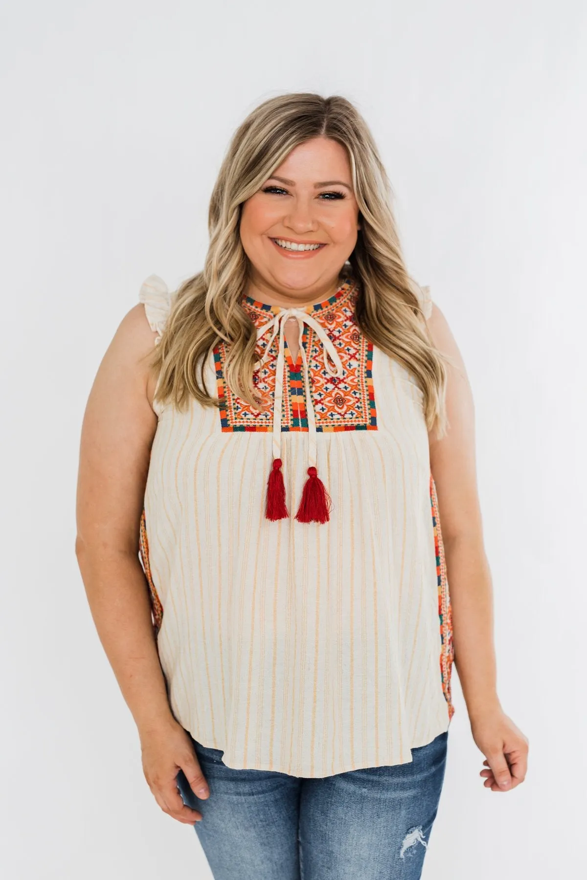 Ready For A Rendezvous Embroider Tank Top- Cream & Multi