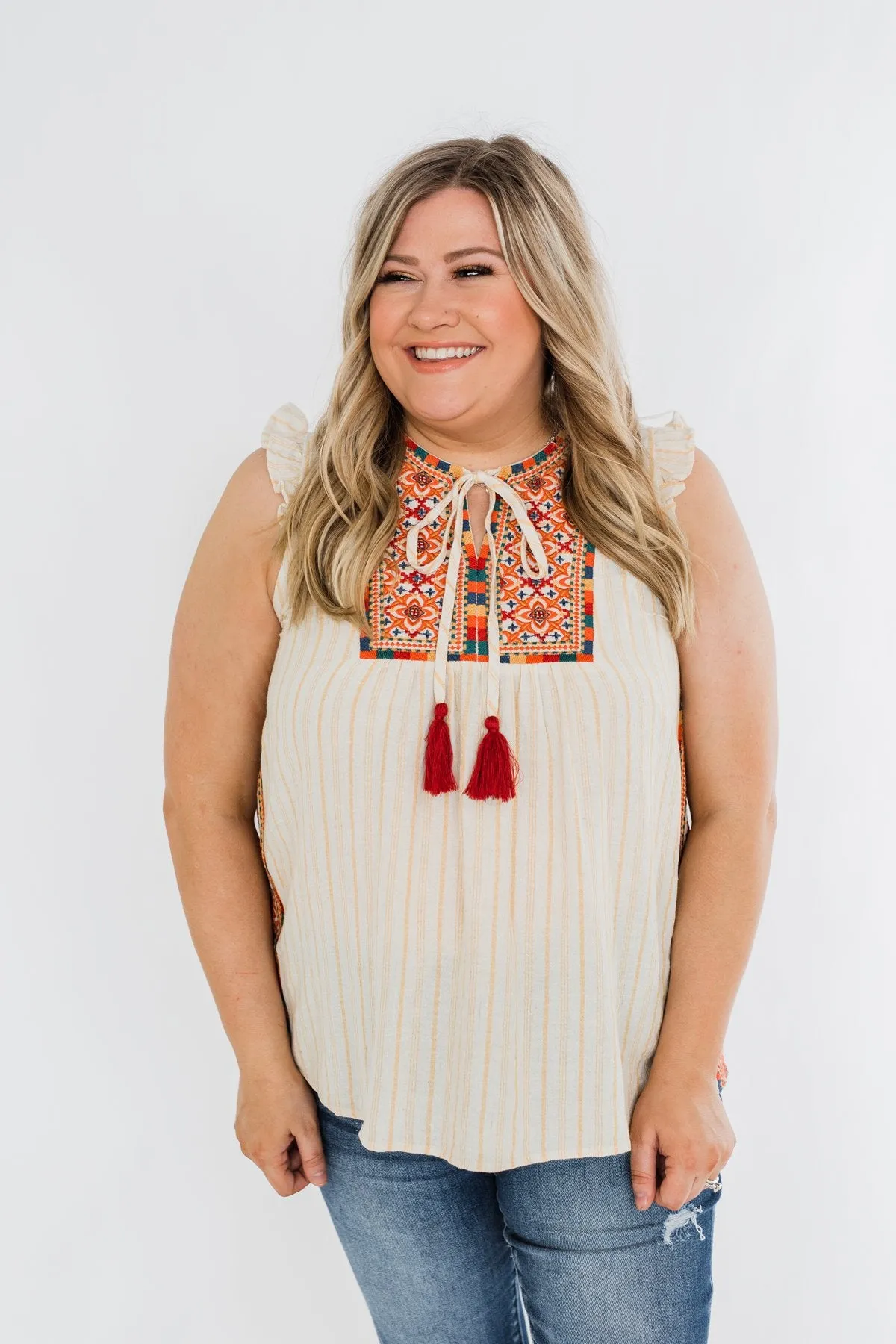 Ready For A Rendezvous Embroider Tank Top- Cream & Multi