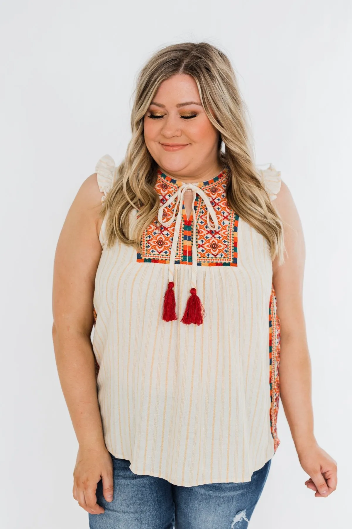 Ready For A Rendezvous Embroider Tank Top- Cream & Multi