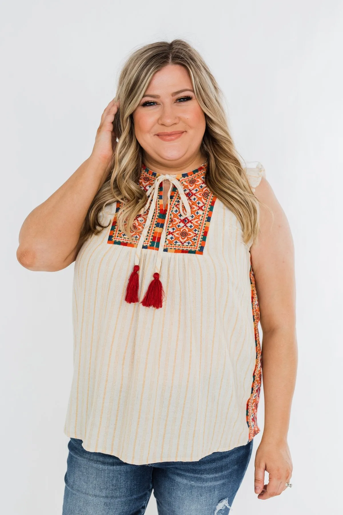 Ready For A Rendezvous Embroider Tank Top- Cream & Multi