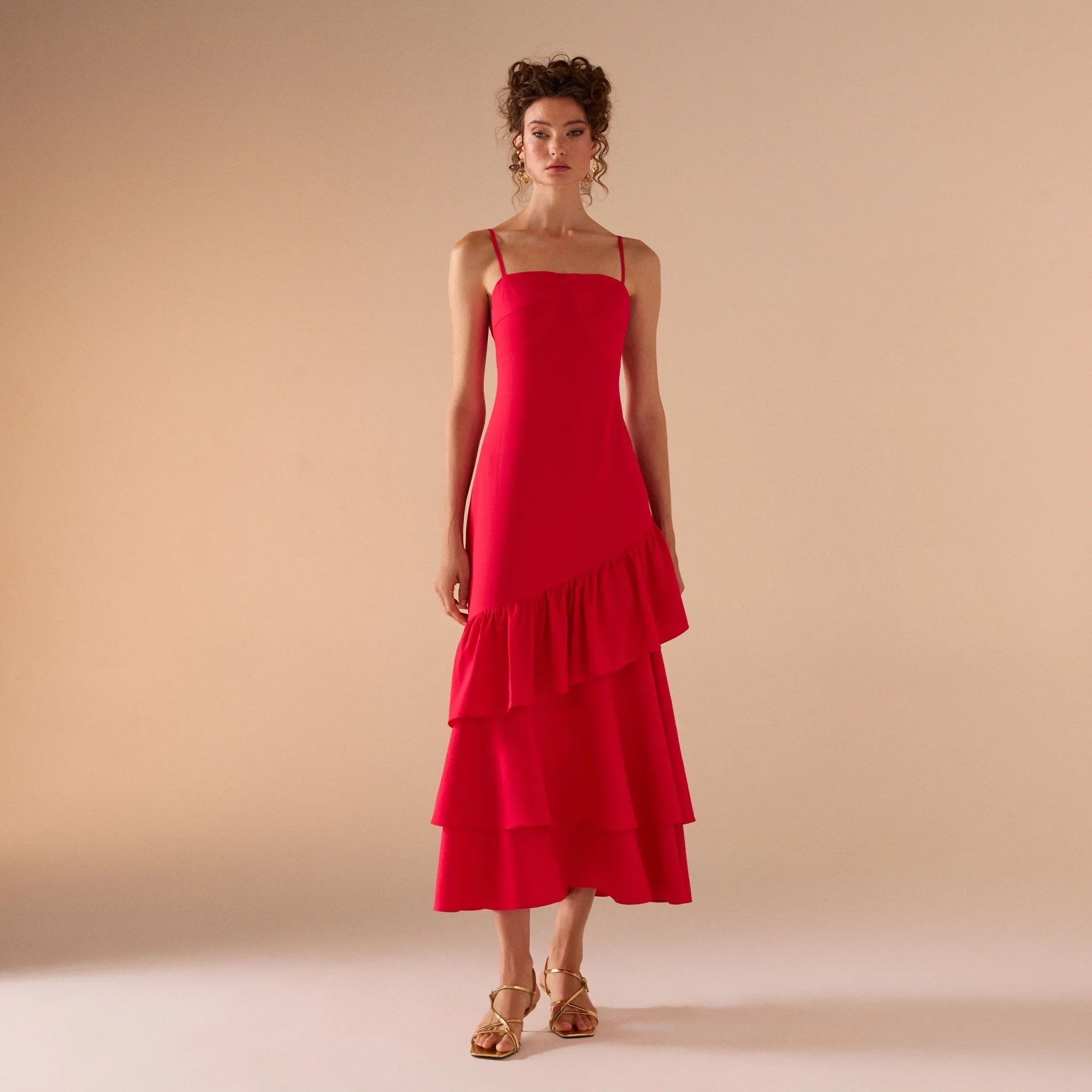 Red Linen Dress With Ruffled Skirt