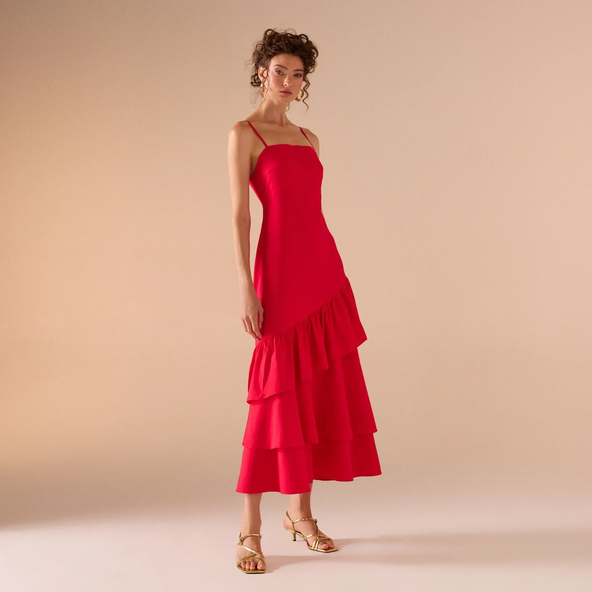 Red Linen Dress With Ruffled Skirt