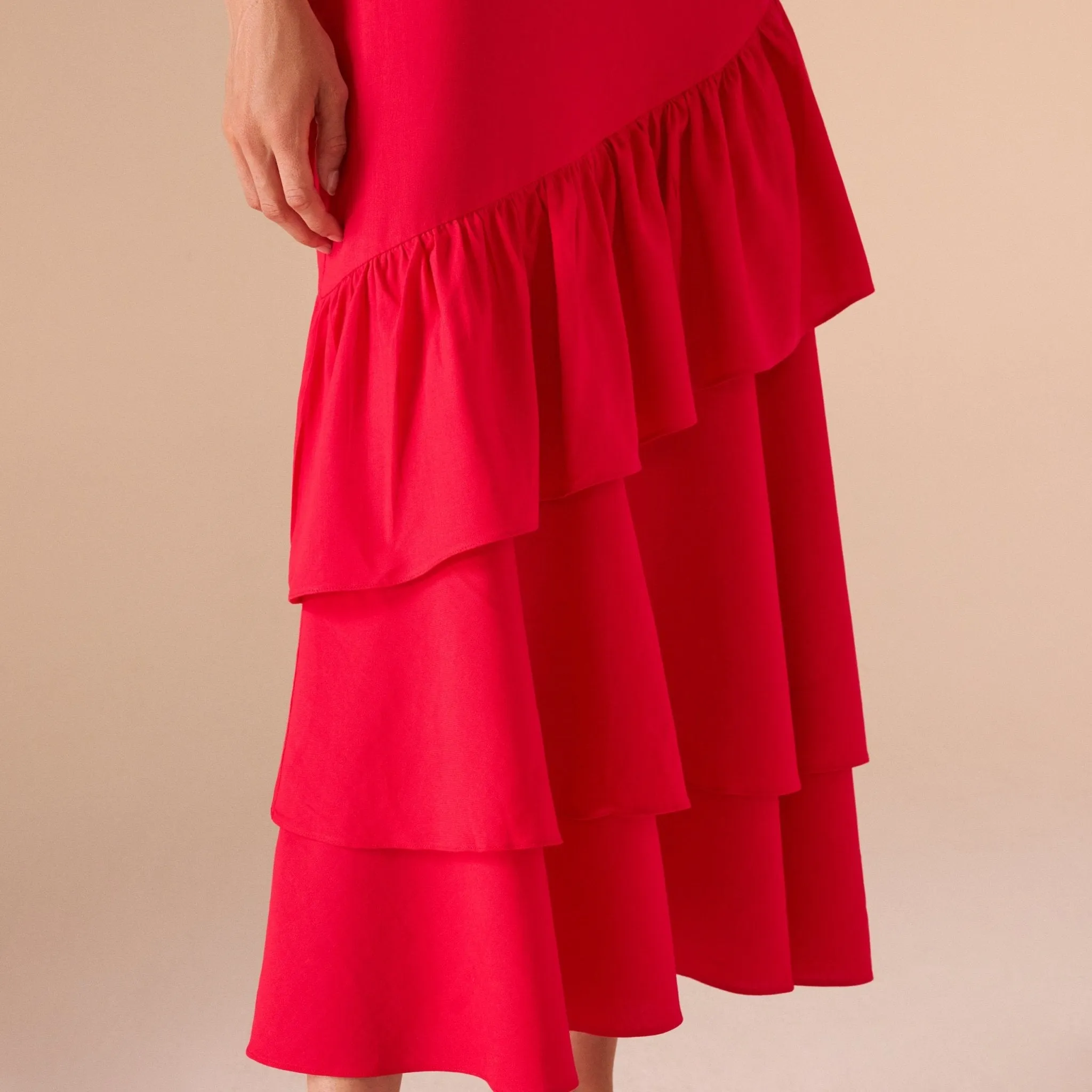 Red Linen Dress With Ruffled Skirt